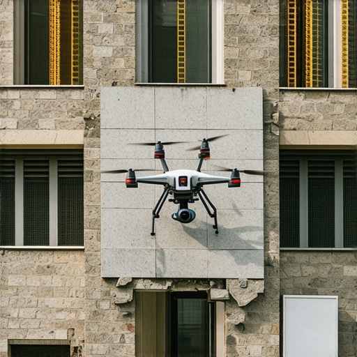 Drones inspecting a masonry building with sensors for predictive maintenance