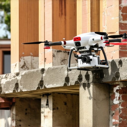 Drone equipped with GPR technology inspecting masonry foundation from above