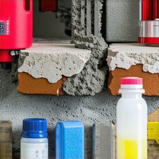 Nano-Enhanced Mortar in Masonry Repair Close-up of nano-enhanced mortar being applied to bricks with scientific tools in the background