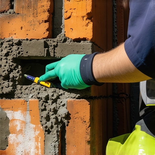 Close-up of advanced mortar application process with digital moisture sensors