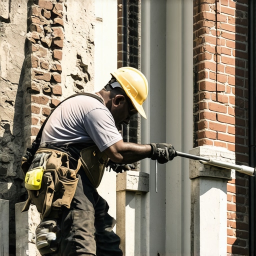 Professional Mason Applying Tuckpointing on Historic Brick Building Mason performing tuckpointing repair on brick facade