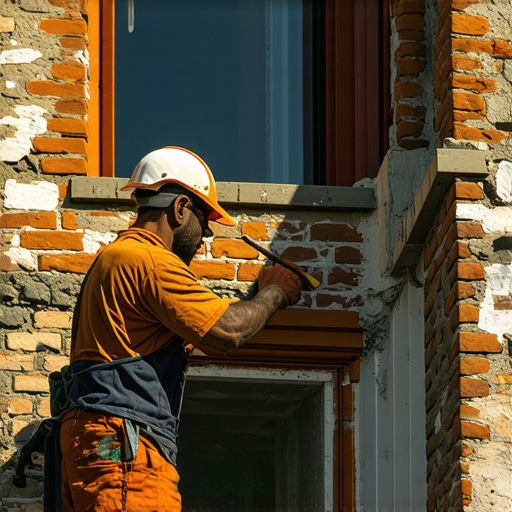 Professional mason performing tuckpointing on brick facade with tools