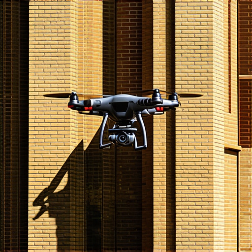 Drone with multispectral sensors inspecting masonry facade at sunset