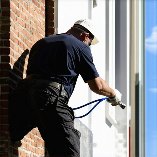 Masonry technician applying protective sealant to brick facade for durability.
