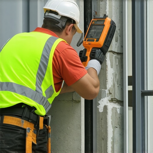 Technicians using ground-penetrating radar and ultrasonic testing on brick wall to detect internal damage.