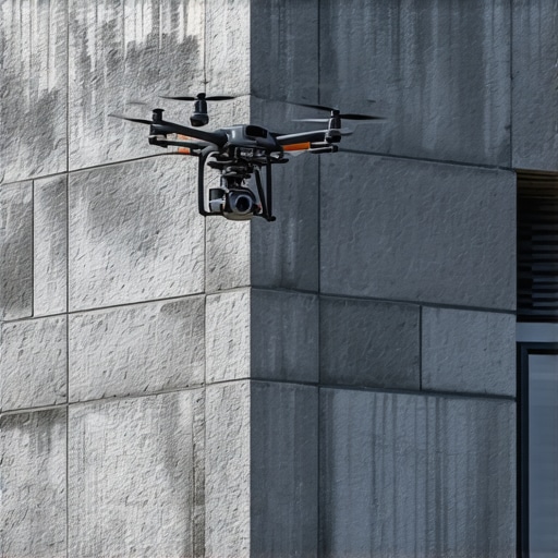 Drone flying over a masonry building during inspection process.