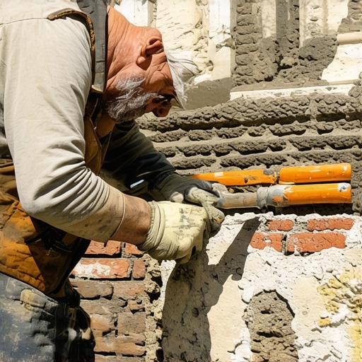 Expert Masonry Repair in Action Close-up of mason applying mortar for repair