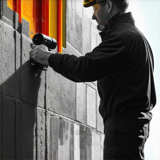 Technician using infrared camera to detect structural issues in masonry wall