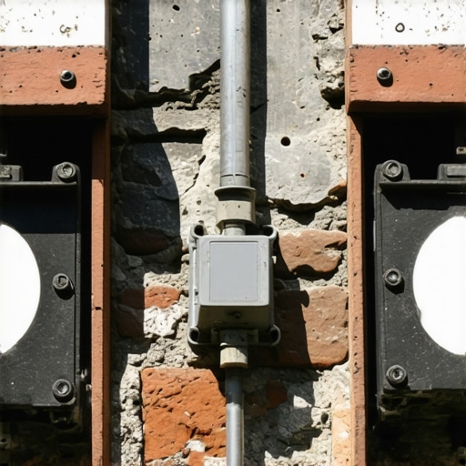 Close-up of sensors embedded in a brick wall for structural health monitoring