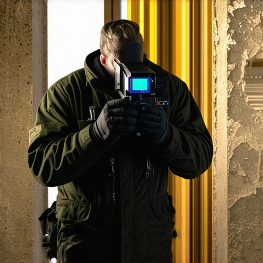 Technician conducting thermal imaging on a historic brick wall to reveal hidden moisture and damage.